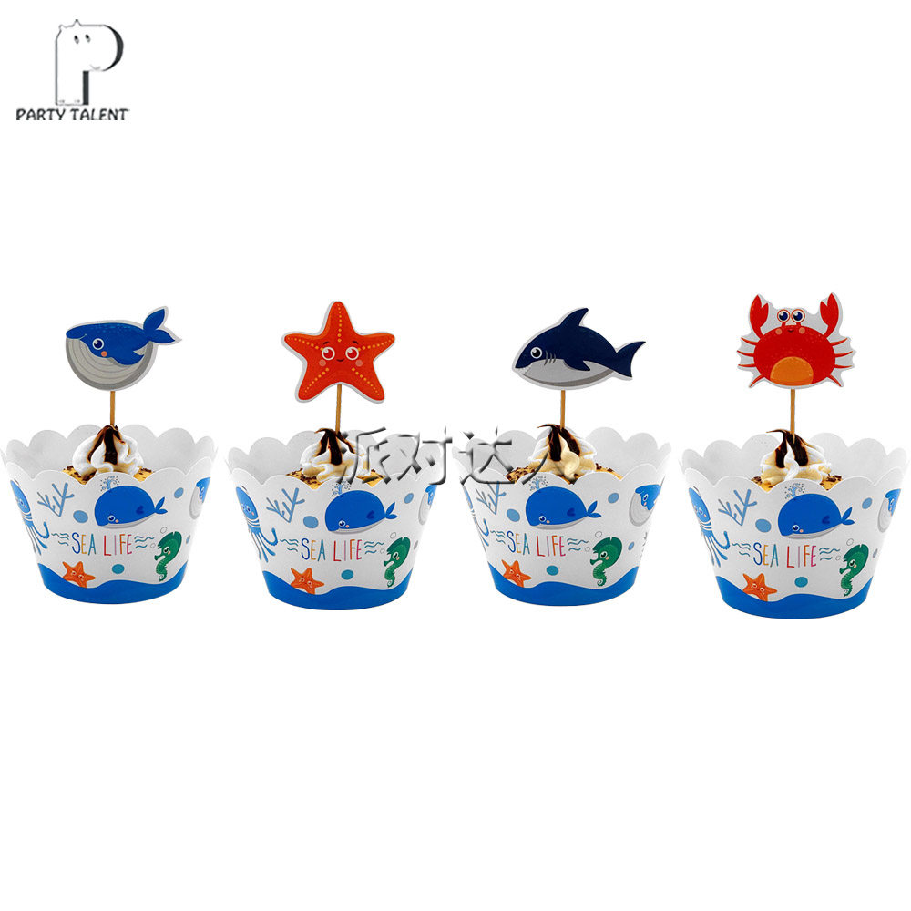 可爱海洋生物鱼类鲸儿童宝宝生日派对无底纸杯蛋糕围边插牌装饰