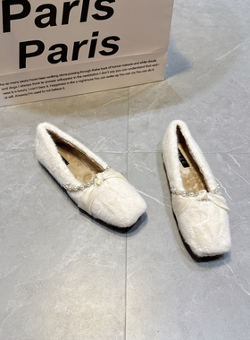 2025秋冬季新款温柔风晚晚鞋女加绒保暖棉鞋串珠玛丽珍平底毛毛鞋