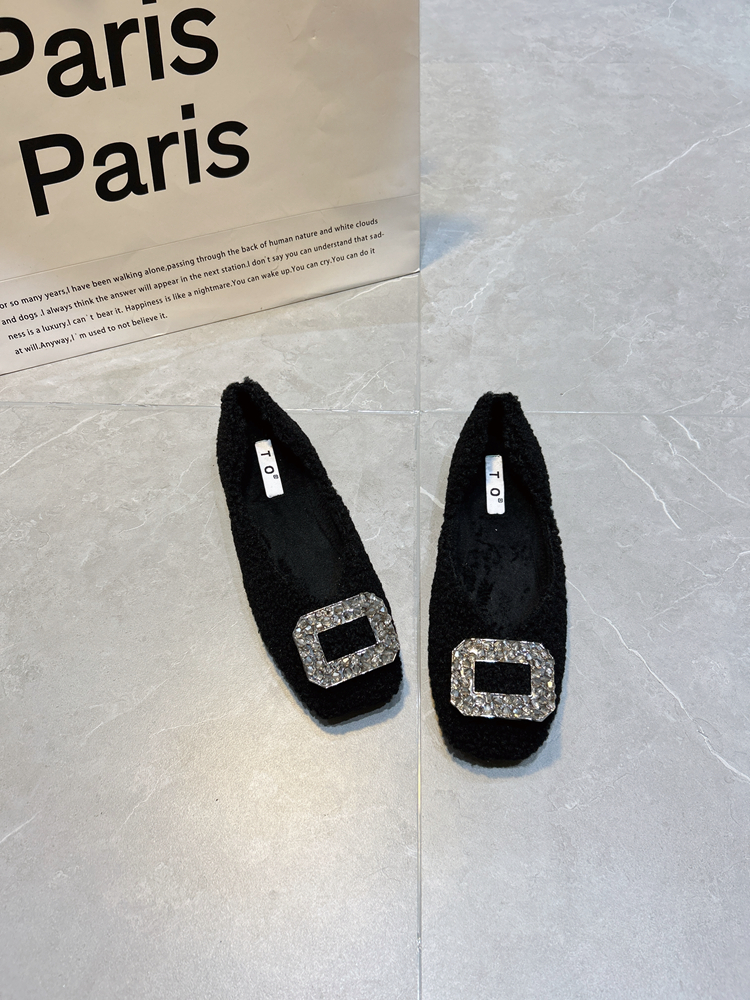 黑色毛毛鞋女秋冬季加绒鞋子法式温柔晚晚水钻方扣轻奢单鞋豆豆鞋,女鞋,浅口单鞋,淘宝优惠券,粉丝福利购,淘宝优惠卷