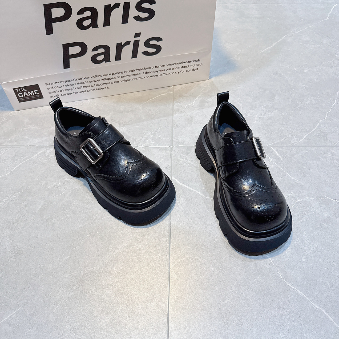 英伦风厚底松糕乐福鞋女黑色金属扣复古魔术贴百搭增高雕花小皮鞋,女鞋,浅口单鞋,淘宝优惠券,粉丝福利购,淘宝优惠卷