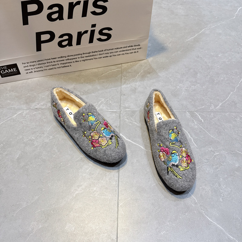 毛毛鞋女秋冬新款设计感刺绣豆豆鞋毛呢加绒保暖棉鞋平底单鞋外穿,女鞋,浅口单鞋,淘宝优惠券,粉丝福利购,淘宝优惠卷