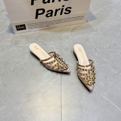 铆钉尖头粗跟凉拖懒人穆勒高跟鞋 时尚 女夏外穿2026新款 包头半拖鞋