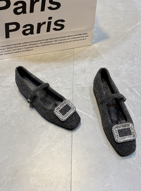 法式设计感方扣水钻玛丽珍鞋女冬季加绒保暖单鞋晚晚风灰色毛毛鞋