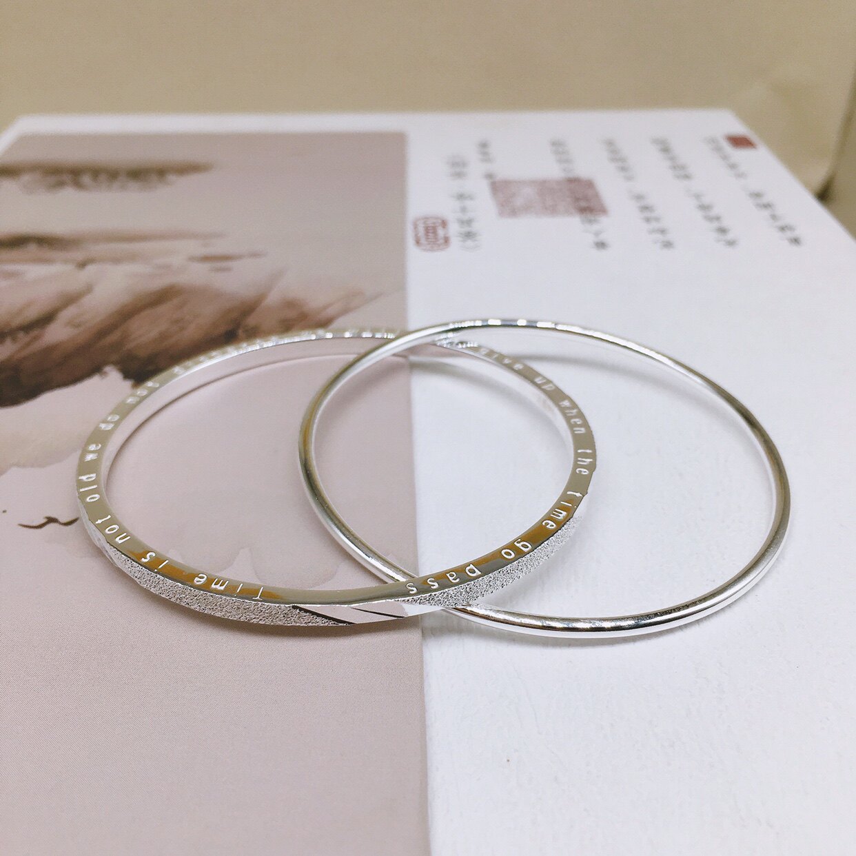 胜银．双环亮面磨砂闭口纯银手镯足银999小女生时尚百搭送女友