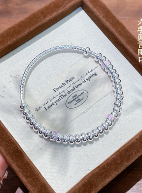 胜银·粉色串珠六字真言手镯闭口足银999小众不规则设计纯银手镯