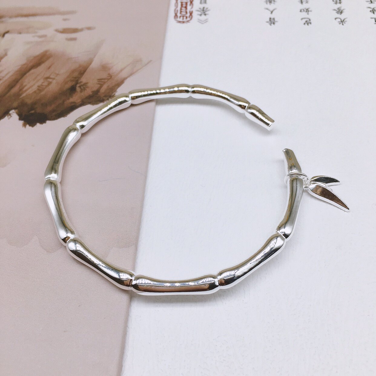 胜银·亮面竹节带竹叶吊坠开口纯银手镯简单百搭时尚女生足银999