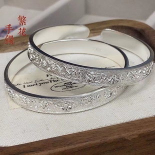 胜银·牵牛花繁花开口古法足银999手镯碎花平面实心送女生纯银镯