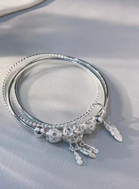 胜银·捕梦网三圈带吊坠纯银手镯闭口时尚女生礼物精致足银999