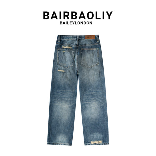 BAIRBAOLIY纯棉设计感破洞牛仔裤渐变宽松直筒时尚百搭休闲长裤男