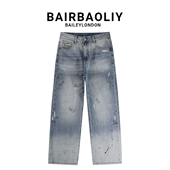 BAIRBAOLIY美式 长裤 小众泼墨渐变做旧直筒宽松潮酷休闲牛仔裤 男士