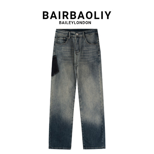 BAIRBAOLIY美式个性口袋设计高街直筒牛仔裤男渐变复古怀旧长裤子