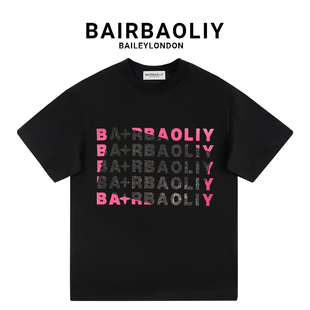 BAIRBAOLIY潮牌重工烫钻字母短袖T恤撞色叠印设计男女款休闲上衣