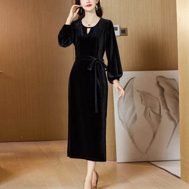2024秋冬新款时尚大气阔太太休闲宽松显瘦黑色丝绒连衣裙大码长裙