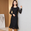 长袖 冬季 气质显瘦优雅鱼尾裙 黑色高档蕾丝连衣裙新款 2025春秋修身