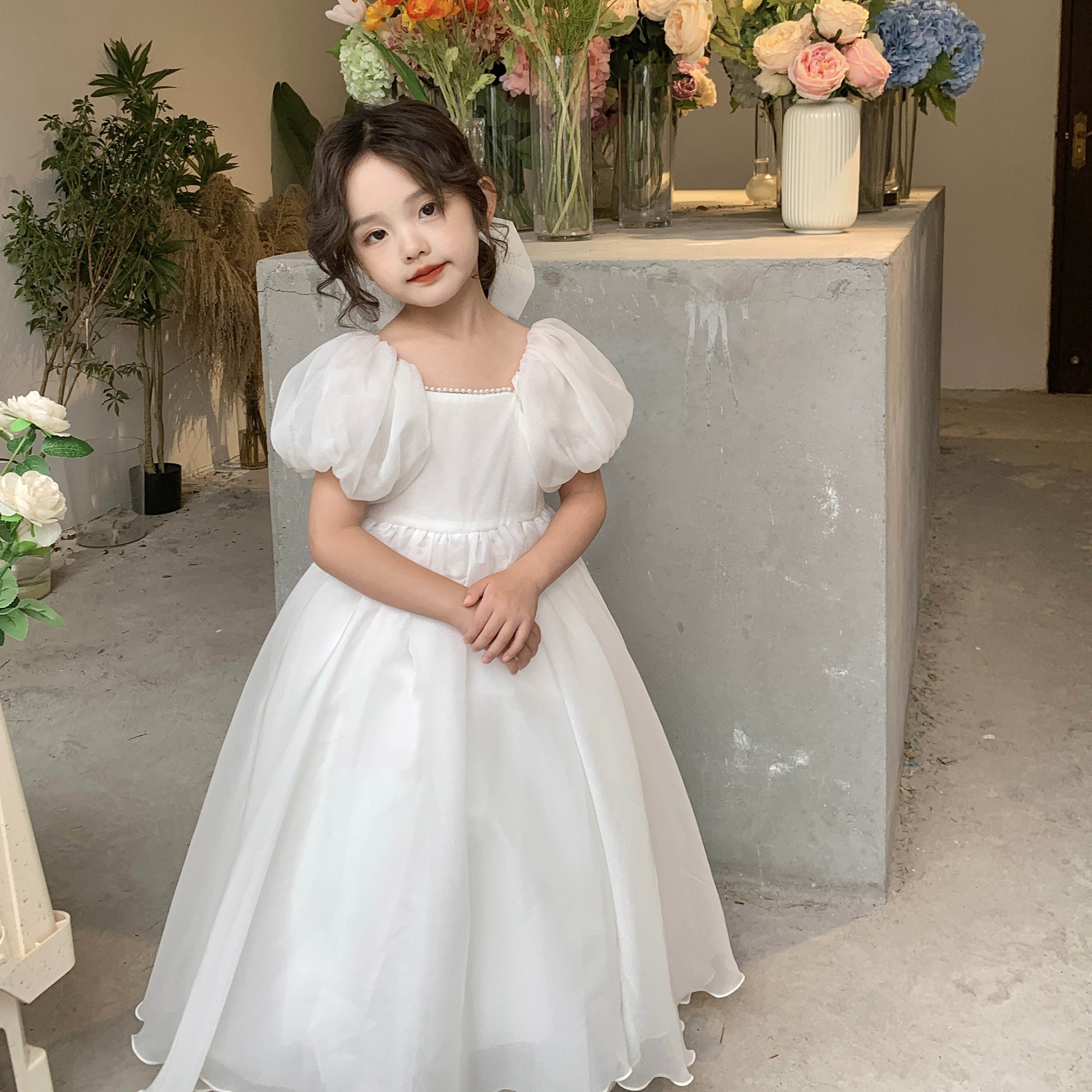 女童2024夏季新白色礼服网纱公主连衣裙儿童短袖花童蓬蓬礼服长裙