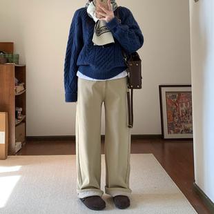 Omang桃喜 卡其色复古加绒直筒牛仔裤女秋冬高腰宽松窄版阔腿长裤