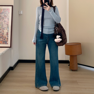 Omang桃喜 小个子四面弹力直筒微喇牛仔裤女秋季高腰修身显瘦长裤