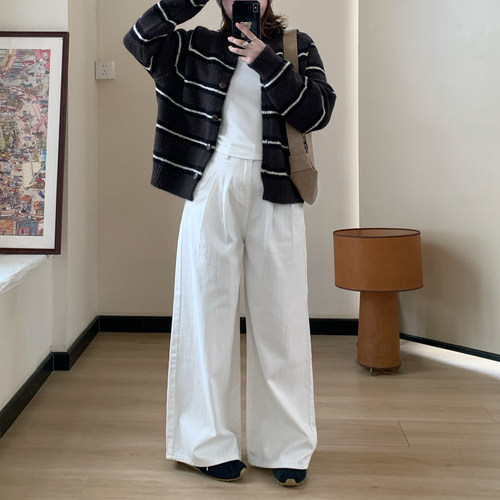 Omang桃喜 韩系竹节纹白色阔腿牛仔裤女春季高腰chic宽松直筒长裤