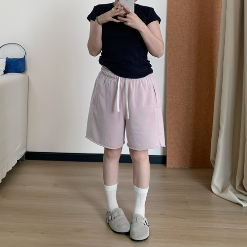 Omang桃喜 脏粉色宽松休闲运动五分短裤女夏季松弛感阔腿显瘦中裤
