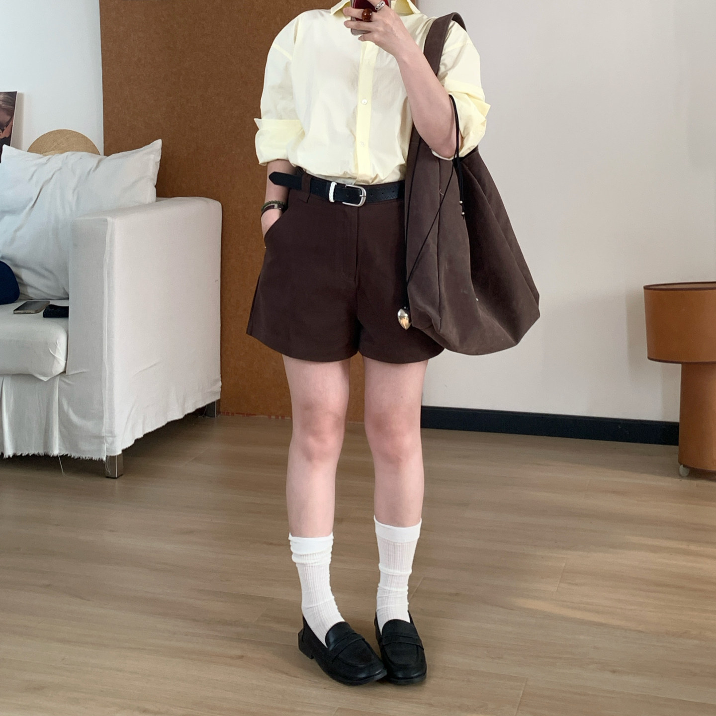 Omang桃喜 美式复古咖色休闲短裤女夏季高腰通勤百搭显瘦三分裤