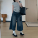 女春夏宽松高腰松弛感高街八分裤 Omang桃喜 深蓝色七分阔腿牛仔裤