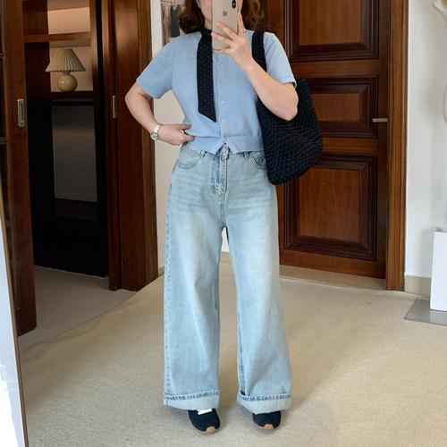 Omang桃喜 韩系浅蓝色直筒牛仔裤女春夏高腰宽松窄版阔腿拖地长裤
