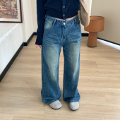 水洗做旧百搭显瘦拖地裤 女秋季 中低腰复古蓝直筒牛仔裤 Omang桃喜