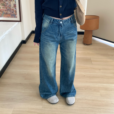 Omang桃喜 中低腰复古蓝直筒牛仔裤女秋季水洗做旧百搭显瘦拖地裤