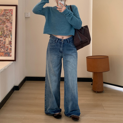 Omang桃喜 蓝色低腰阔腿牛仔裤女秋季辣妹高街头宽松直筒拖地裤