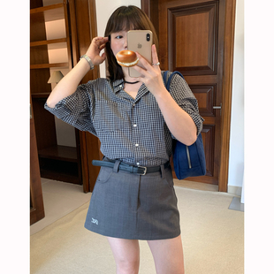 Omang桃喜 韩系复古黑白细格子衬衫女春夏中性风百搭防晒长袖衬衣