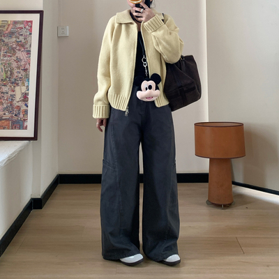 Omang桃喜 美式复古休闲阔腿工装裤女秋季高腰酷帅宽松直筒拖地裤