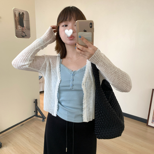 甜美微透长袖 Omang桃喜 女夏季 凉感轻薄透气短款 针织上衣 防晒开衫