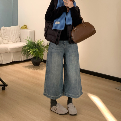 Omang桃喜 美式竹节纹八分牛仔裤女2026春季潮流宽松阔腿七分裤