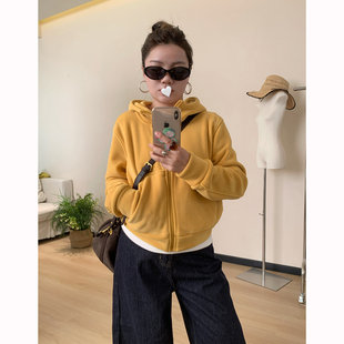 Omang桃喜 短款摇粒绒连帽外套女春季小个子帽衫黄色宽松带帽卫衣