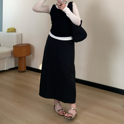 Omang桃喜 韩系后开叉中长款半身裙女春夏OL风高级感西装裙长裙子