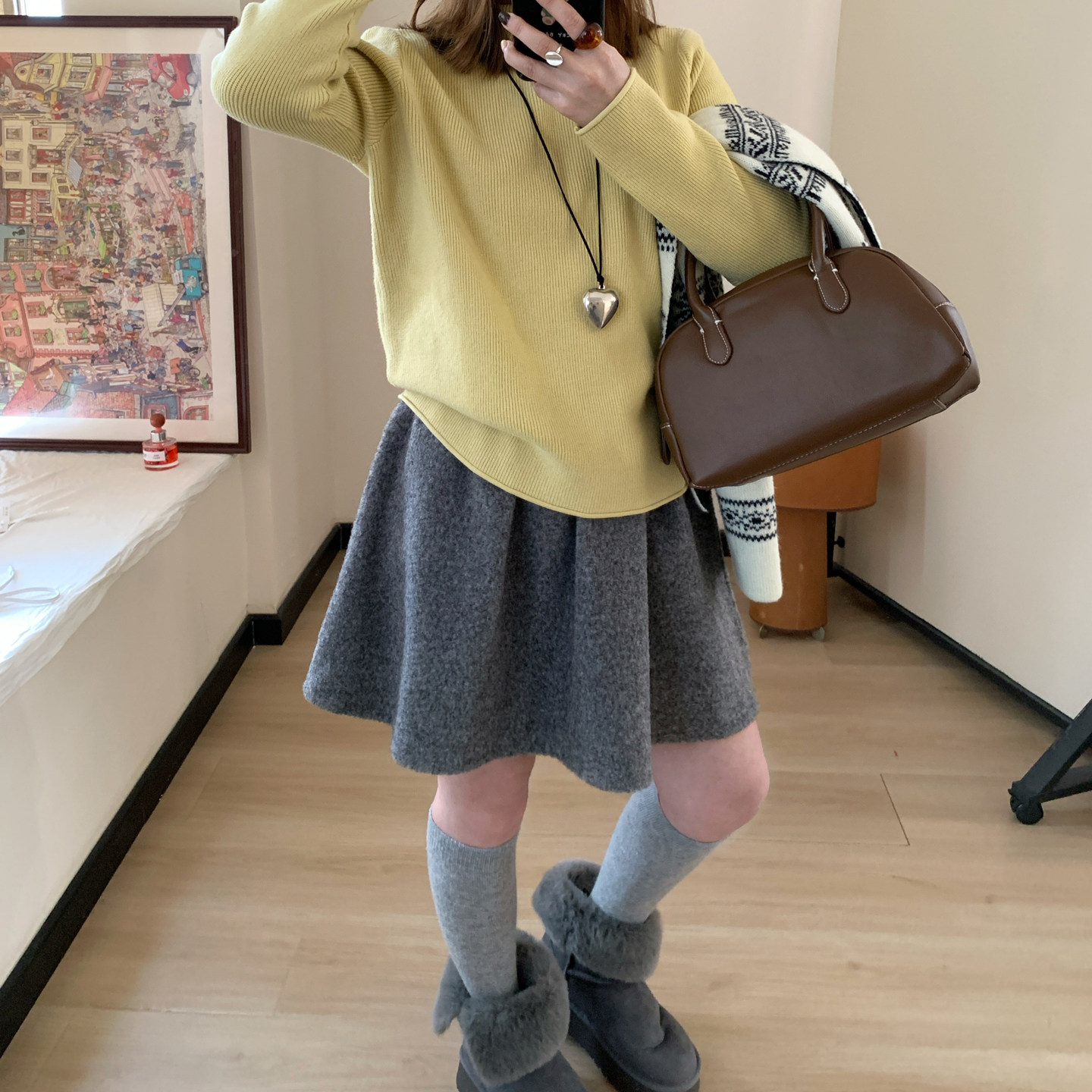 Omang桃喜 防走光里衬加厚毛呢短裙女秋冬松紧腰a字短款半身裙