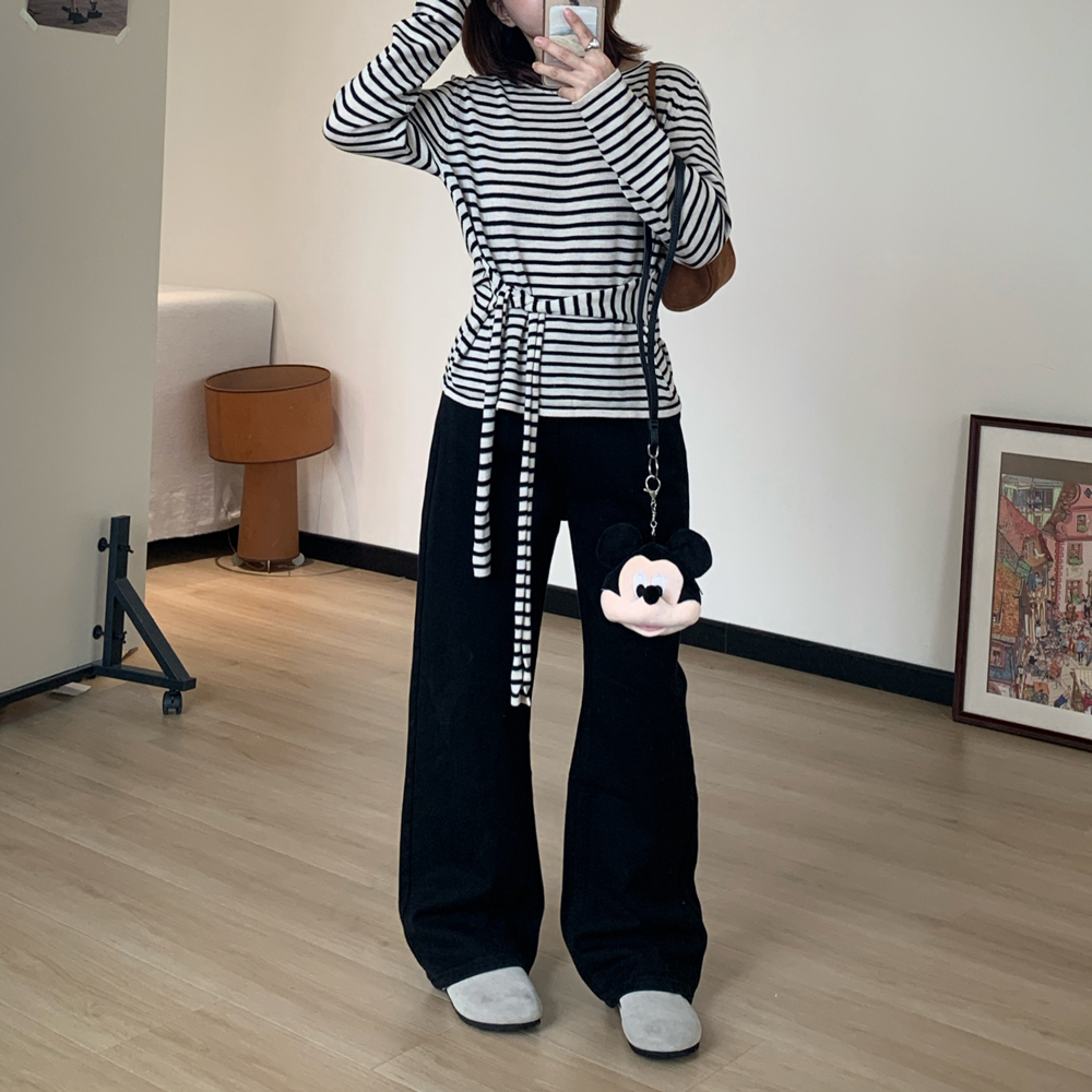 Omang桃喜 韩系黑色显瘦直筒牛仔裤女秋季高腰百搭小个子窄版长裤