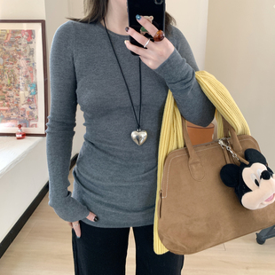 Omang桃喜 高弹中长款针织打底衫女秋冬韩系百搭圆领修身内搭上衣