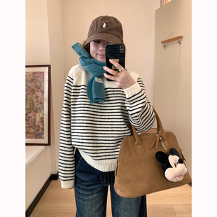 毛衣女秋冬百搭宽松圆领套头线衫 Omang桃喜 韩系条纹拼色插肩袖