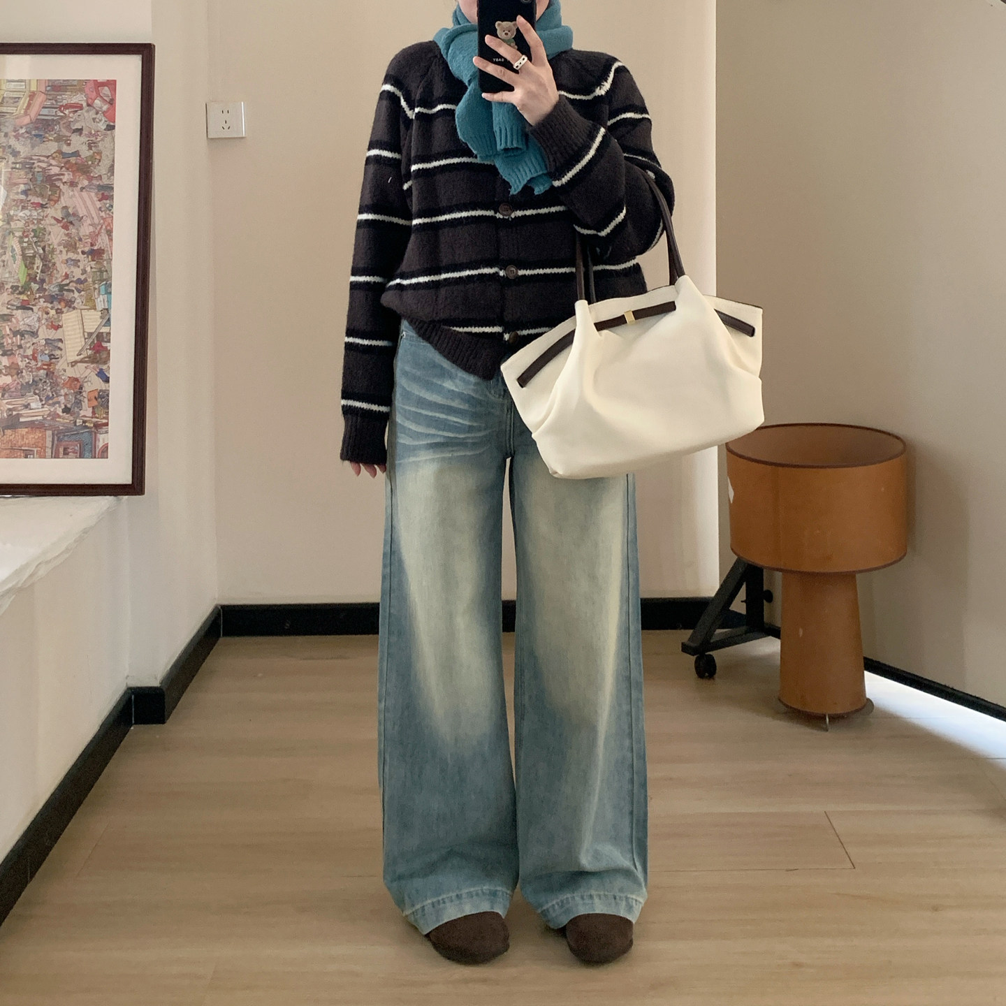 Omang桃喜 做旧水洗猫须直筒牛仔裤女秋季高腰百搭浅蓝色拖地长裤