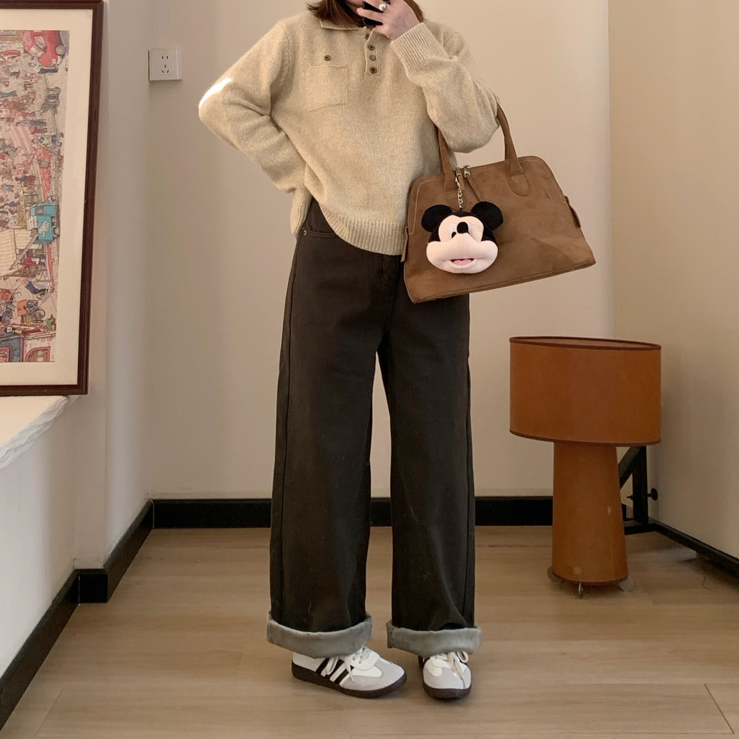 Omang桃喜 美式复古烟灰色加绒直筒牛仔裤女秋冬高腰显瘦百搭长裤