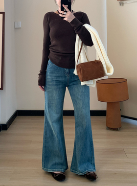 Omang桃喜 复古蓝色弹力牛仔喇叭裤女春秋高腰修身显瘦百搭微喇裤