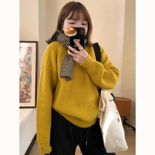 线衫 Omang桃喜 韩系秋冬氛围感坑条毛衣女宽松厚实圆领百搭插肩袖