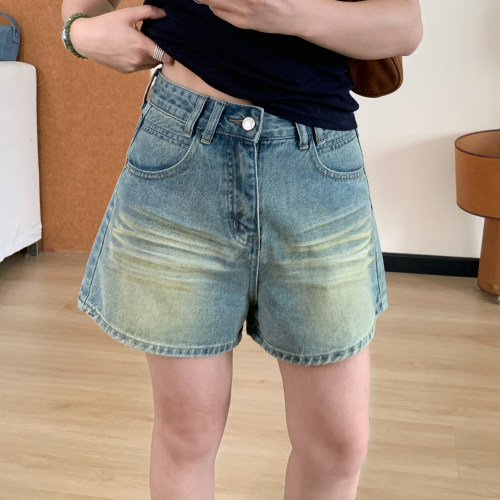 Omang桃喜 复古浅蓝a字牛仔短裤女夏季小个子设计感阔腿显瘦热裤