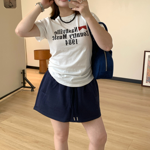 显瘦小圆领半袖 Omang桃喜美式 修身 字母印花正肩短袖 体恤 T恤女夏季
