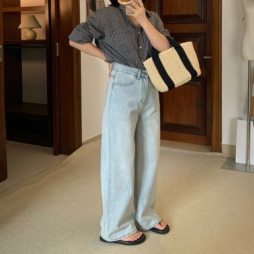 Omang桃喜 韩系浅色宽松直筒牛仔裤女早秋高腰百搭窄版阔腿拖地裤