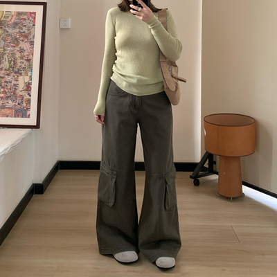 Omang桃喜 中低腰微喇工装裤女秋冬美式复古高街设计感拖地长裤