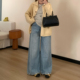 小个子浅蓝色阔腿牛仔裤 女春季 高腰裤 Omang桃喜 脚破洞设计感长裤