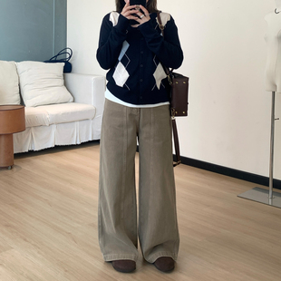 高腰显瘦百搭卡其长裤 女秋季 小个子复古水洗直筒牛仔裤 Omang桃喜