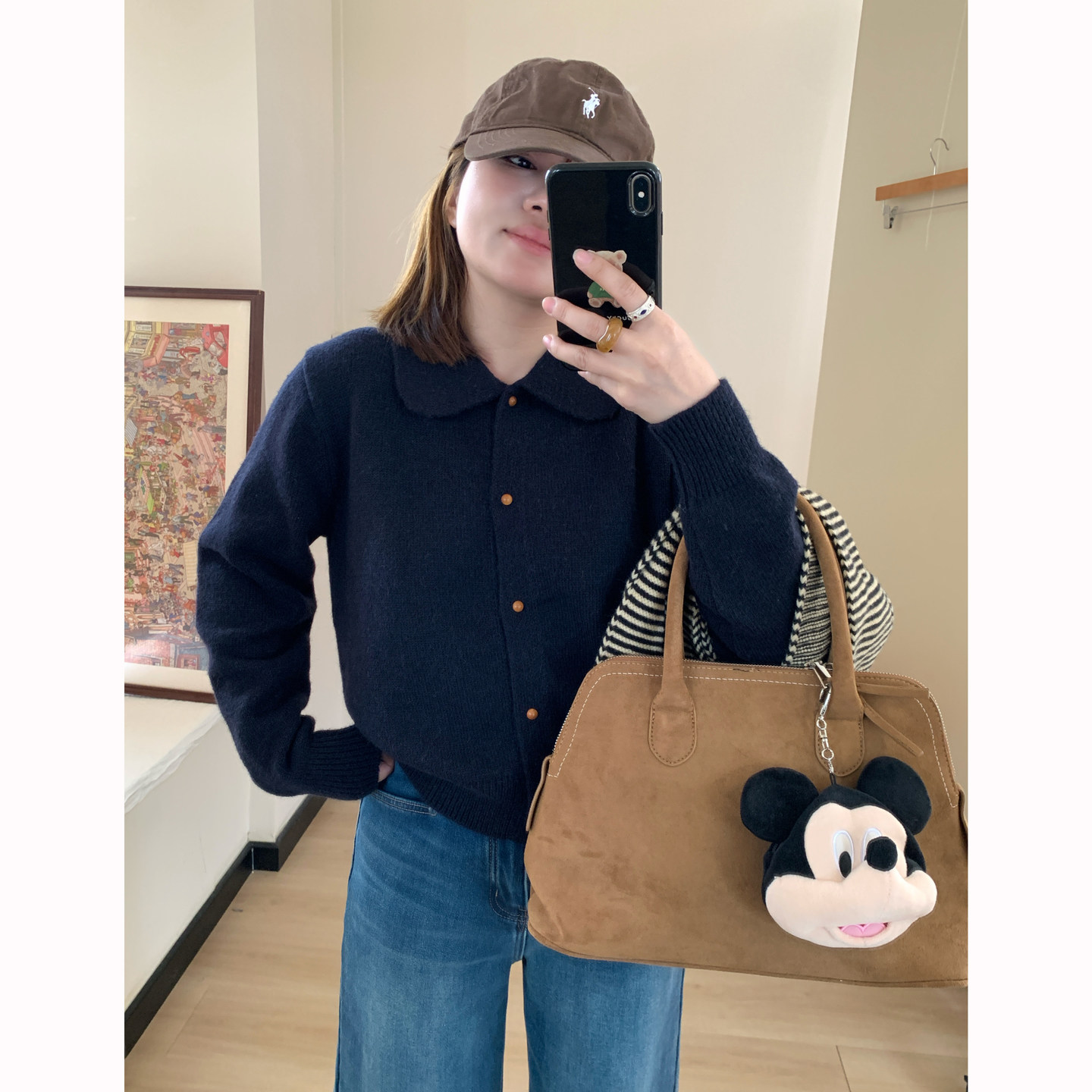 Omang桃喜 韩系复古娃娃领开衫毛衣女秋冬藏蓝色百搭针织衫外套,女装/女士精品,毛衣,淘宝优惠券,粉丝福利购,淘宝优惠卷